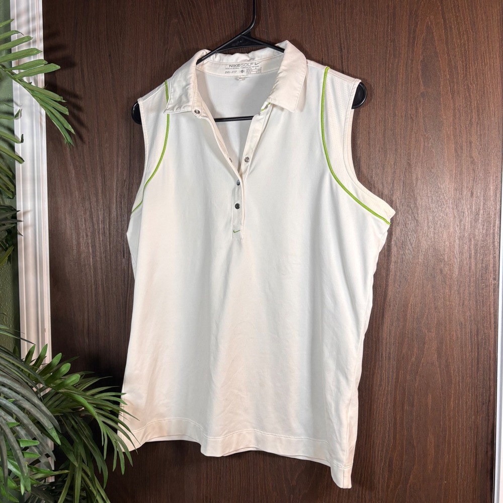 Nike Golf Dri-FIT Sleeveless Polo Shirt White Lime Green Trim Women's Large